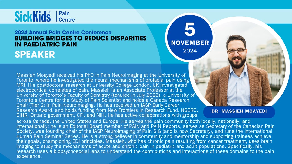 🌟We’re thrilled to announce Dr. @massihmoayedi, a renowned pain researcher, as a speaker at this year’s Annual Pain Centre Conference. You do not want to miss his thoughtful insights! Don’t miss out, and register by Oct. 24th at cvent.me/Ym597q! #PedsPain #NPAW2024