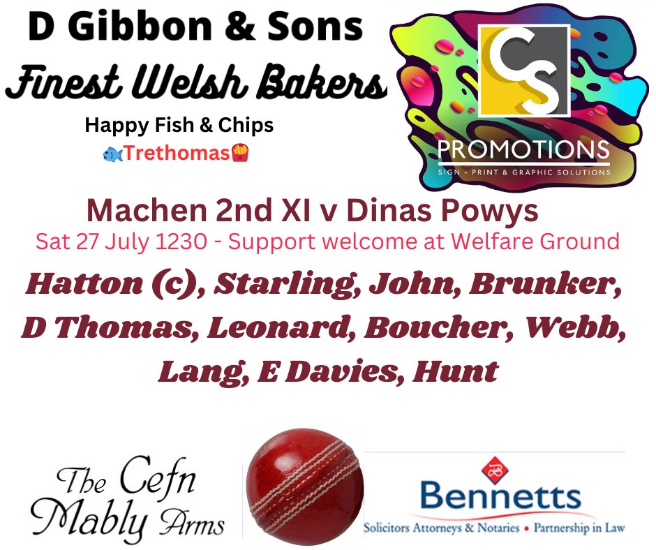 🏏Machen 2nd XI host <a href="/DinasPowysCC/">Dinas Powys CC</a> in <a href="/SEWCLeague/">SEWCL</a> Div 11

👏🏼Support welcome at the Welfare Ground 

🗓️Sat 27 July ⏰1230

👍🏼Thanks to all our sponsors on the team sheets