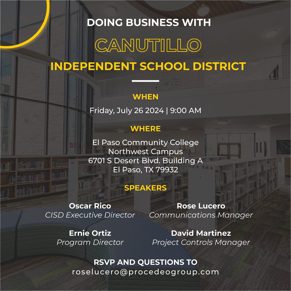 If you are a vendor looking to do business with the Best Small District in Texas, attend the informational session by Procedeo, our bond management firm 9am, July 26 at the EPCC Northwest Campus, Building A, (6701 S Desert Blvd

RSVP to: roselucero@procedeogroup.com