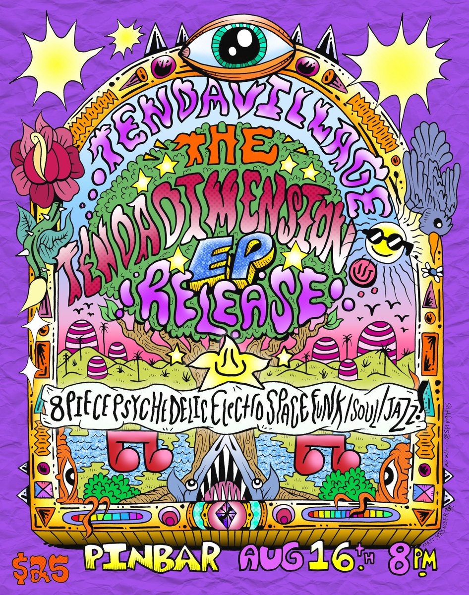 Poster for Tendavillage’s upcoming show at Pinbar!!
8 piece psychedelic electro space funk / soul / jazz 🎷 🌟⭐️🌟⭐️🌟⭐️🌟
Gonna be an absolute BOOGIE! 💃🕺 you don’t want to miss this sparkly spectacle of a performance

August 16th, 8pm, PINBAR