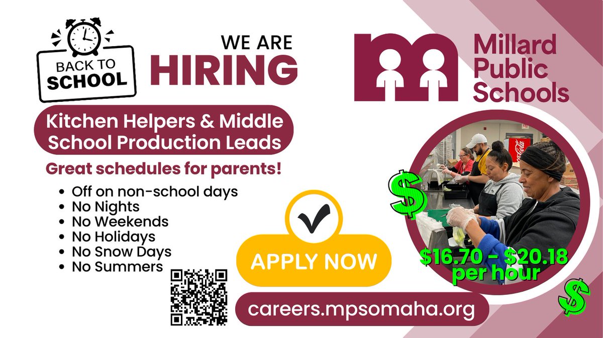 MPS Human Resources (@mpshr) on Twitter photo It's about time for school to start and we have a variety of kitchen positions available in Millard! Work a convenient schedule, close to home! Apply online today! #Proud2bMPS #SHINEwithMPS <a href="/mpsschoollunch/">Millard Food Service</a> It's about time for school to start and we have a variety of kitchen positions available in Millard! Work a convenient schedule, close to home! Apply online today! #Proud2bMPS #SHINEwithMPS <a href="/mpsschoollunch/">Millard Food Service</a>