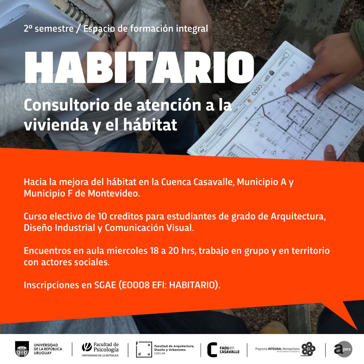 ⏳Hasta el 27/7 estudiantes de Arquitectura (<a href="/fadu_udelar/">FADU Udelar</a>) y <a href="/psicoudelaruy/">PsicoUdelar</a> pueden inscribirse al Espacio de Formación Integral 𝗛𝗮𝗯𝗶𝘁𝗮𝗿𝗶𝗼: 𝗖𝗼𝗻𝘀𝘂𝗹𝘁𝗼𝗿𝗶𝗼 𝗱𝗲 𝗮𝘁𝗲𝗻𝗰𝗶ó𝗻 𝗮 𝗹𝗮 𝘃𝗶𝘃𝗶𝗲𝗻𝗱𝗮 𝘆 𝗲𝗹 𝗵á𝗯𝗶𝘁𝗮𝘁
+ info en bit.ly/3YhUz49