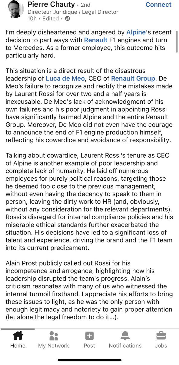 EdSpencer99's tweet image. Alpine’s former legal manager Pierre Chauty slams the team’s largely expected decision to switch from Renault power to Mercedes. Chauty also lambasted the leadership of Luca de Meo and Laurent Rossi. #F1