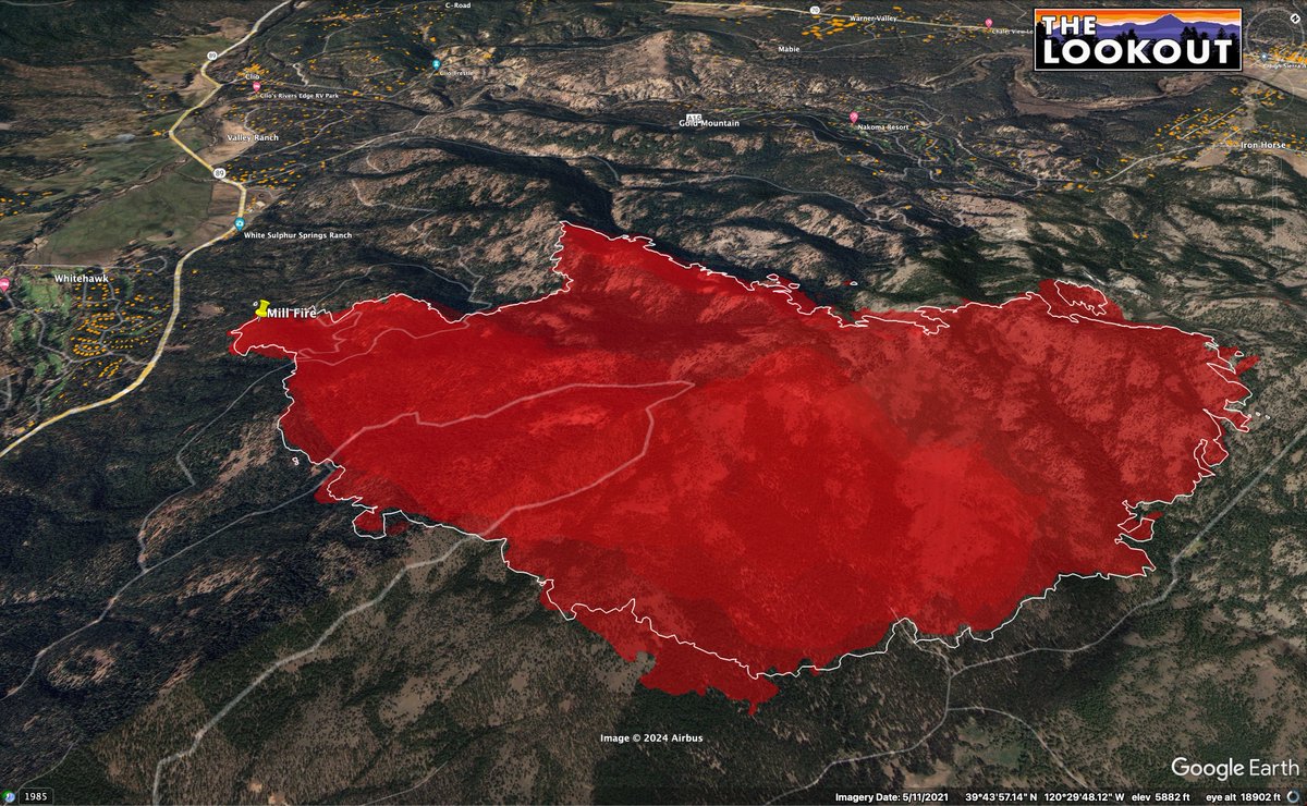 wildland_zko's tweet photo. Perimeter mapping of #GoldComplex/#MillFire. Red area was mapped at 10:30am, on 7/24/2024. The white line is 12 hours of fire growth.
Much of the overnight growth was on the SE flank of the fire. Grass areas where fire has not spread aren't likely to move again. Sources: FIRIS, NIFC.