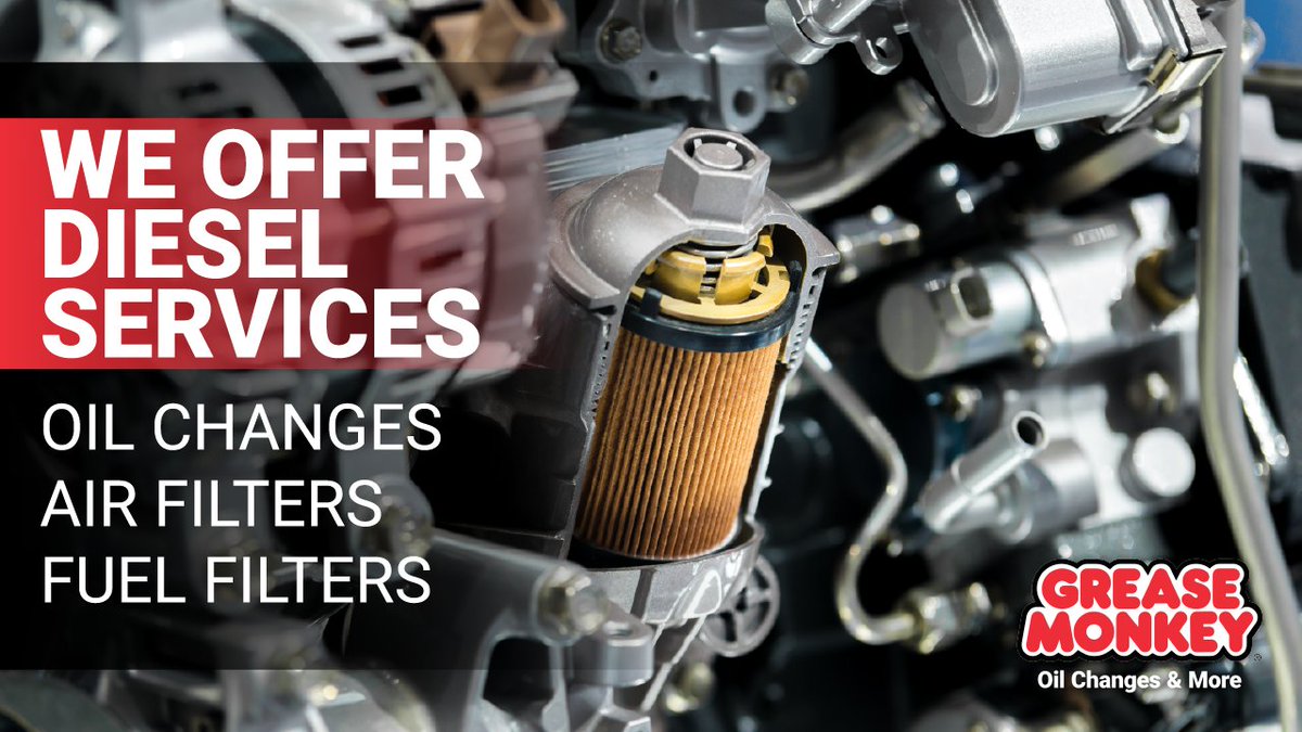 GreaseMonkeyIDA's tweet photo. Don't let your diesel run on fumes - bring it to Grease Monkey for top-notch oil changes, and air and fuel filter services 🛢🔍 #DieselMaintenance https://t.co/I3haHOxxUE