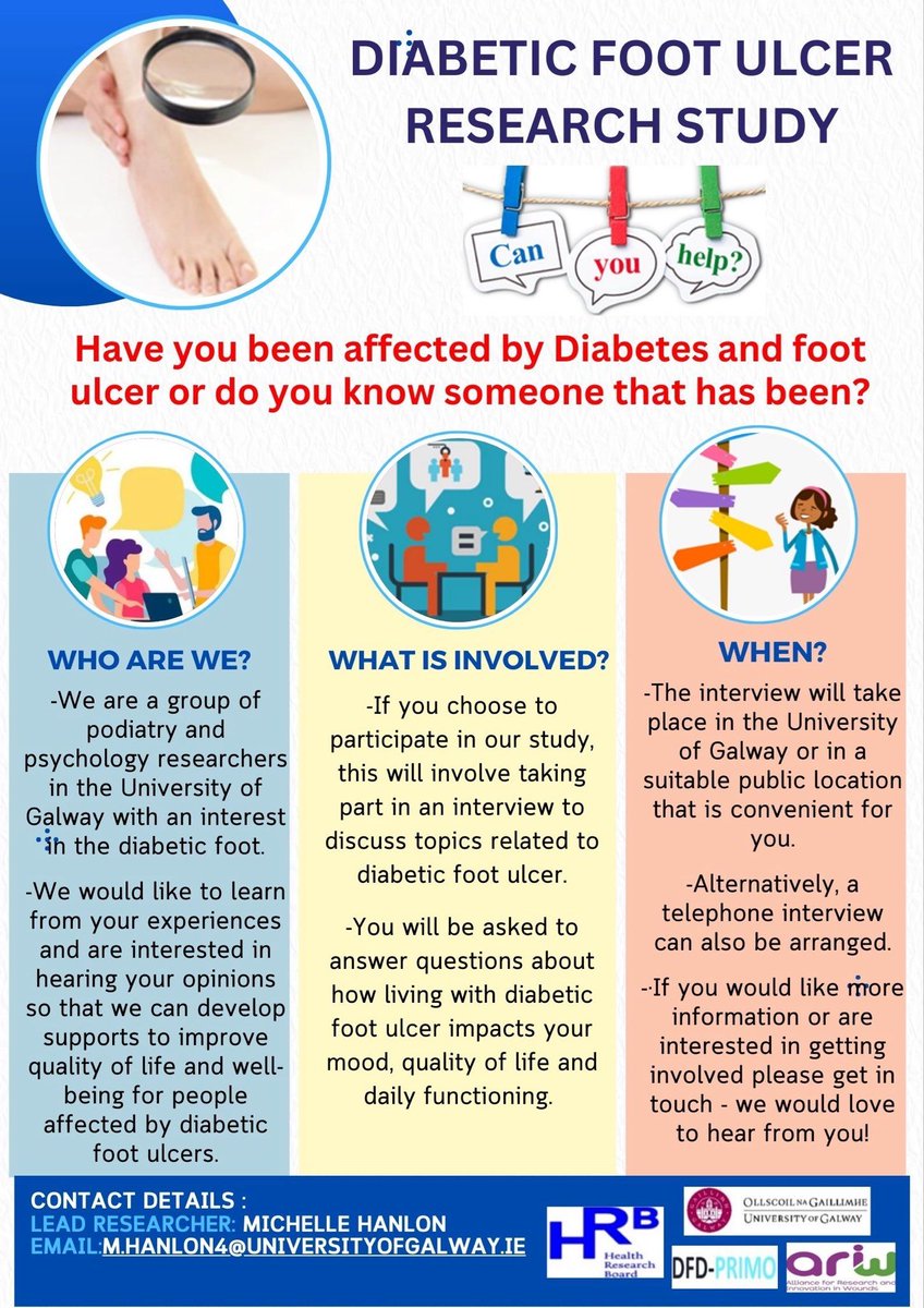 Thriveabetes's tweet image. Researchers in Galway are looking for people living with diabetes who have experience of foot ulcers to interview for a study on the impacts of living with #Diabetes and #FootUlcer 

#PhDStudy #Diabetes #FootUlcer

Contact information on the image