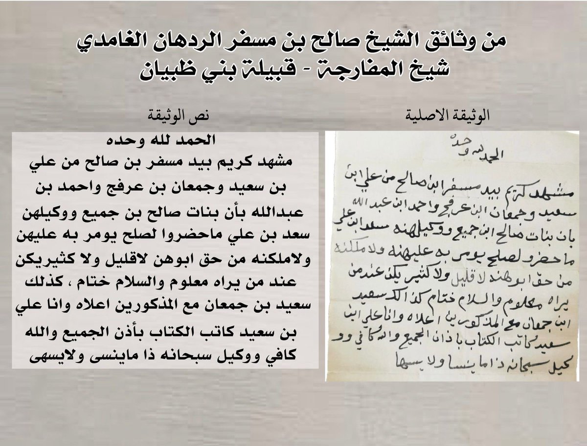 ##السعودية_العظمى_الباحة_المفارجة 
 الحمدلله وحده
من مدونات جدي الشيخ /صالح بن مسفر الردهان
شيخ قرية #المفارجة من بني ظبيان  رحمة الله عليه؛ 
هذه الوثيقه تحكي بين طياتها مشهد كريم بيد الشيخ مسفر بن صالح بن مسفر الردهان