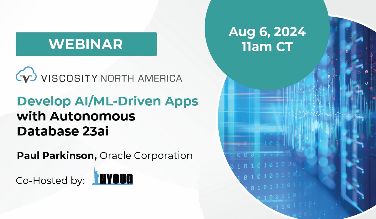 Register for our FREE "Develop #AI/#ML-Driven Apps with Autonomous Database #23ai," by <a href="/paulparkinson/">Paul Parkinson</a>, Oracle. Learn Vector Search, RAG, Select AI, &amp; OML4PY integrations. 

Aug 6 | 11 AM CT
bit.ly/3Yys42D 
<a href="/nyoug_nyc/">NYOUG</a> #VNA #OraPub #oracleDB #orclapps #oracle23ai
