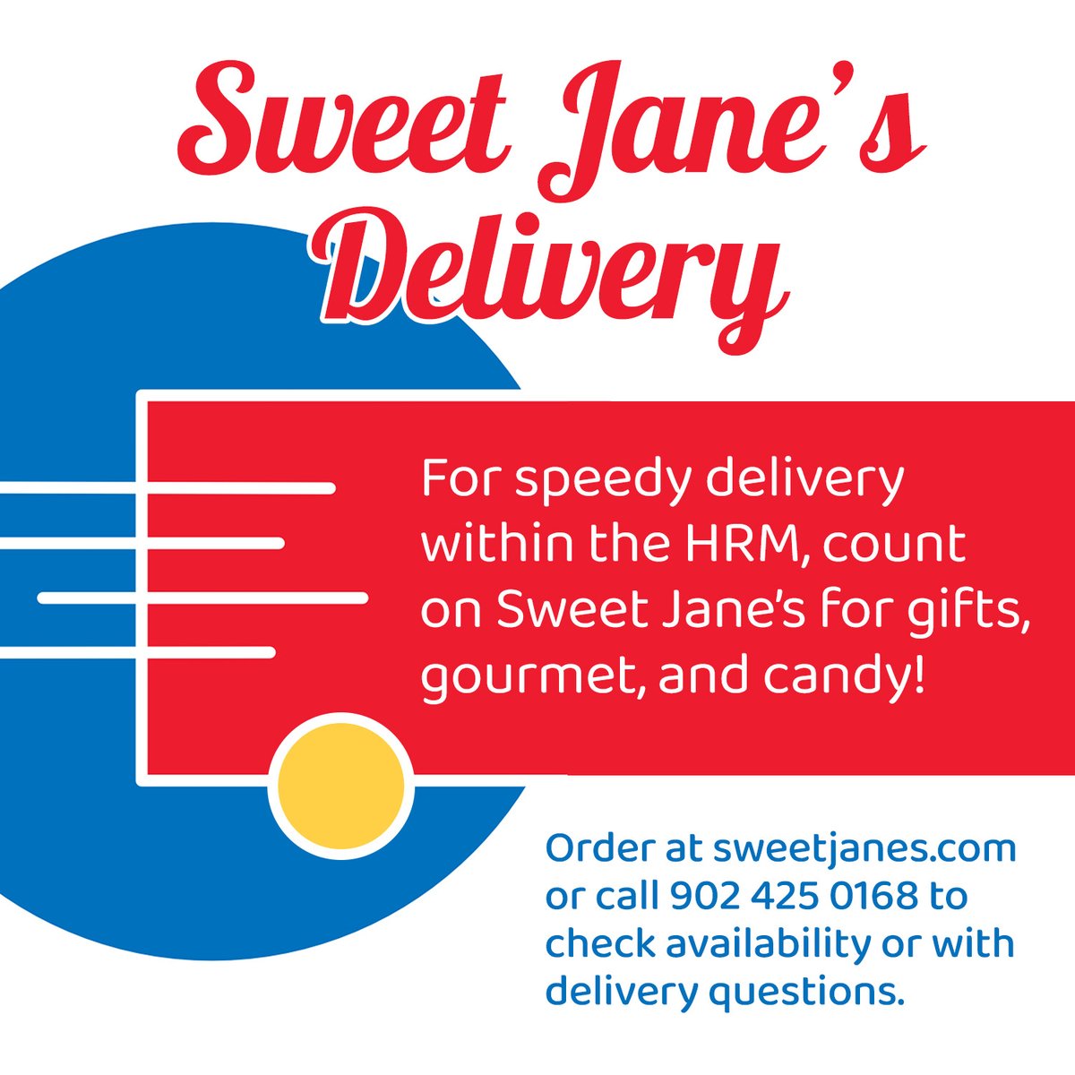We deliver! For speedy delivery within the HRM, count on Sweet Jane's for gifts, gourmet, and candy 🍭🚚

Order at sweetjanes.com or call 902 425 0168 to check availability or with delivery questions!