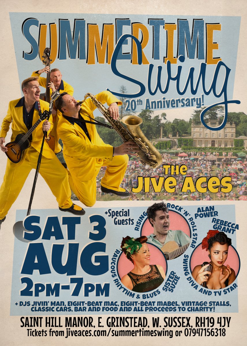 The Jive Aces (@jiveaces) on Twitter photo <a href="/BBCSussex/">BBC Sussex</a> Summertime Swing, Sat 3 Aug! The @JiveAces + guests, new rock 'n' roll star Alan Power, TV star <a href="/RebeccaGrant4/">Rebecca Grant</a> and rhythm & blues maestro <a href="/SisterSuzie_/">Sister Suzie</a> + DJs, classic cars, vintage stalls, bar & food. All proceeds to charity. Tix jiveaces.com/summertimeswing <a href="/BBCSussex/">BBC Sussex</a> Summertime Swing, Sat 3 Aug! The @JiveAces + guests, new rock 'n' roll star Alan Power, TV star <a href="/RebeccaGrant4/">Rebecca Grant</a> and rhythm & blues maestro <a href="/SisterSuzie_/">Sister Suzie</a> + DJs, classic cars, vintage stalls, bar & food. All proceeds to charity. Tix jiveaces.com/summertimeswing