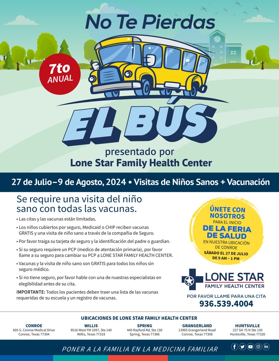 LoneStarHealth's tweet image. This summer take advantage of free well child visits and vaccinations offered to uninsured children at Don’t Miss the Bus event! Saturday FREE Health Fair! hubs.ly/Q02GZxm10

#backtoschool #dontmissthebus #wellchildvisits #vaccination #healthfair #healthcare #kids #families