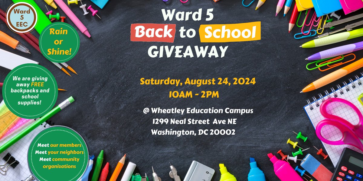 Ward5EEC's tweet image. As we are planning the annual Ward 5 Back to School Drive, we can use all the help we can get! If you are able, please donate to support getting the necessary school supplies for our DC scholars to start the upcoming year off strong! rb.gy/4x0gxc