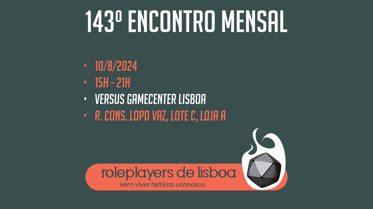 O próximo Encontro de Roleplayers de Lisboa já está marcado para sábado, dia 10 de agosto, na loja Versus Gamecenter Lisboa. 

Inscrevam-se na tabela de sessões e venham jogar RPGs de mesa e jogos narrativos connosco.
bit.ly/encontros_role…

Vemo-nos lá!   :)