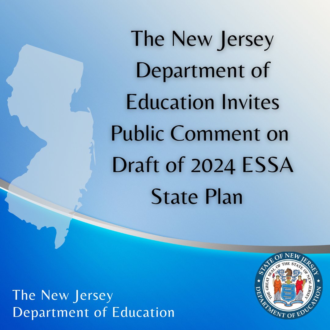 New Jersey Department of Education (@newjerseydoe) on Twitter photo The <a href="/NewJerseyDOE/">New Jersey Department of Education</a> invites public comment on New Jersey's 2024 Draft Every Student Succeeds Act State Plan. This initiative aims to ensure all students have access to an equitable & high-quality education. The deadline is August 28, 2024. Learn more: tinyurl.com/fh688tsr The <a href="/NewJerseyDOE/">New Jersey Department of Education</a> invites public comment on New Jersey's 2024 Draft Every Student Succeeds Act State Plan. This initiative aims to ensure all students have access to an equitable & high-quality education. The deadline is August 28, 2024. Learn more: tinyurl.com/fh688tsr