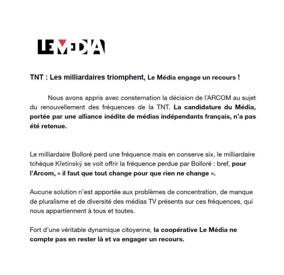 LeMediaTV's tweet image. #SoutienLeMediaTV :
🚨Alors même que les médias étouffent sous la férule oppressive de milliardaires qui les utilisent comme instrument d’influence, l’#ARCOM a choisi le statu quo ‼️

En refusant la TNT à une alliance des médias indés.

En laissant 6 fréquences TNT à #Bolloré, en…