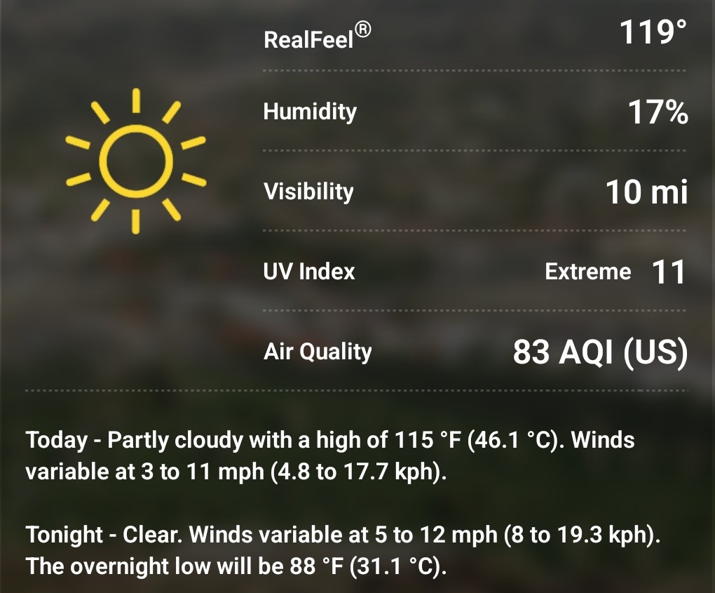 ThomasKOdell's tweet photo. I keep wondering why #PalmSprings seems so oppressively uncomfortable this summer.  I've been through hot summers before. 

Just looked at the humidity. 17%.  That explains a lot. https://t.co/xR9ZrrCHfr