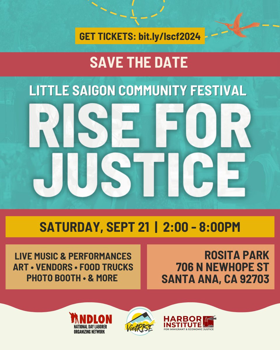 SAVE THE DATE for our 2024 Little Saigon Community Festival: Rise for Justice!

We're thrilled to announce that we are bringing back the 3rd Little Saigon Community Festival this Fall! The theme for this year is 'Rise for Justice.'

Get tickets here: bit.ly/lscf2024🌳🥳