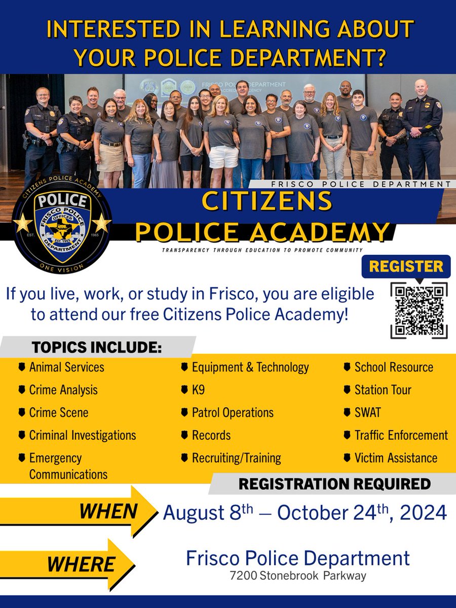 Interested in learning more about your Frisco PD? Do you live, work, or study in Frisco? Are you 18 or older? Then sign up today for the FPD Citizens Police Academy. Space is limited and registration closes in a week!

For more info, visit friscotexas.gov/302/Citizens-P…