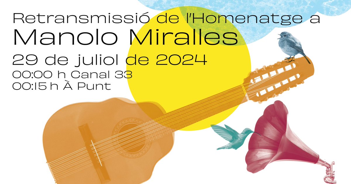 🛑 ATENCIÓ 🛑
El proper dilluns 29 de juliol, coincidint amb l’aniversari del seu traspàs, <a href="/apunt_media/">À Punt</a> i <a href="/canal_33/">Canal 33</a> retransmetran el concert d’homenatge a Manolo Miralles que vam organitzar amb l’ajuntament de <a href="/Xativa/">Ajuntament de Xàtiva</a> el passat més de març. No t’ho perdes!
📺🎼♥️

#SomElCOM