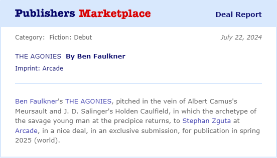 theposthalcyon's tweet image. Very heartened to announce that my novel, The Agonies, has been acquired by Arcade/Skyhorse and will be released in Spring 2025. Grateful to Stephan Zguta and Bruce Wagner at Arcade! (RE: the book, I'll merely say the edge will be strong with this one 🔪☠️)