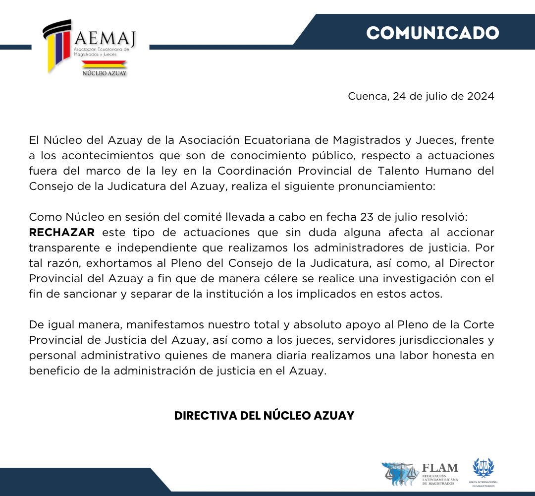 #AEMAJenAcción 📃 La <a href="/AEMAJazuay/">AZUAY AEMAJ</a> realiza el siguiente pronunciamiento respecto a los acontecimientos ocurridos en la Dirección Provincial de Talento Humano del <a href="/AzuayCJ/">Azuay CJ</a>.