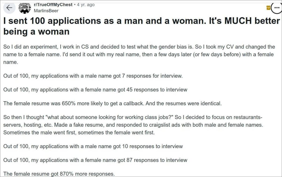 JesseTinsley's tweet image. Much more interesting to use a female AI voice and run through the entire interview process.

See what the % of offers is.

These Recruiting teams likely have artificial diversity goals.

So while interview % is high that might not correlate to more job offers for women.