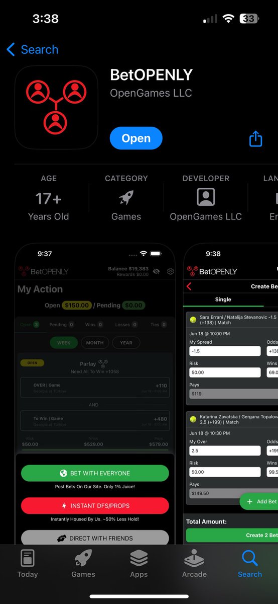dunavant7's tweet photo. For those who haven’t heard! @BetOpenly is officially on THE APP STORE! Oh and the peer 2 peer CASINO went live today as well! HUGE moves from @Gino_BetOpenly. Created the app to gain the trust of users who may be skeptical of website gambling only! He’s the CEO of the people! 💯 https://t.co/NTDhAvFn4J