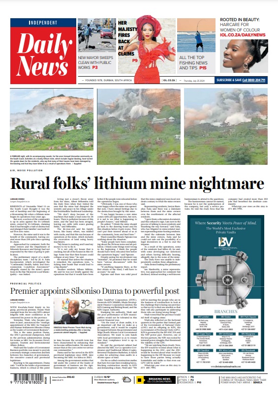 DailyNewsSA's tweet image. Our front page on July 25 #LithiumMine #KZNGov #EPWP #eThekwiniMunicipality #Scam

iol.co.za/dailynews