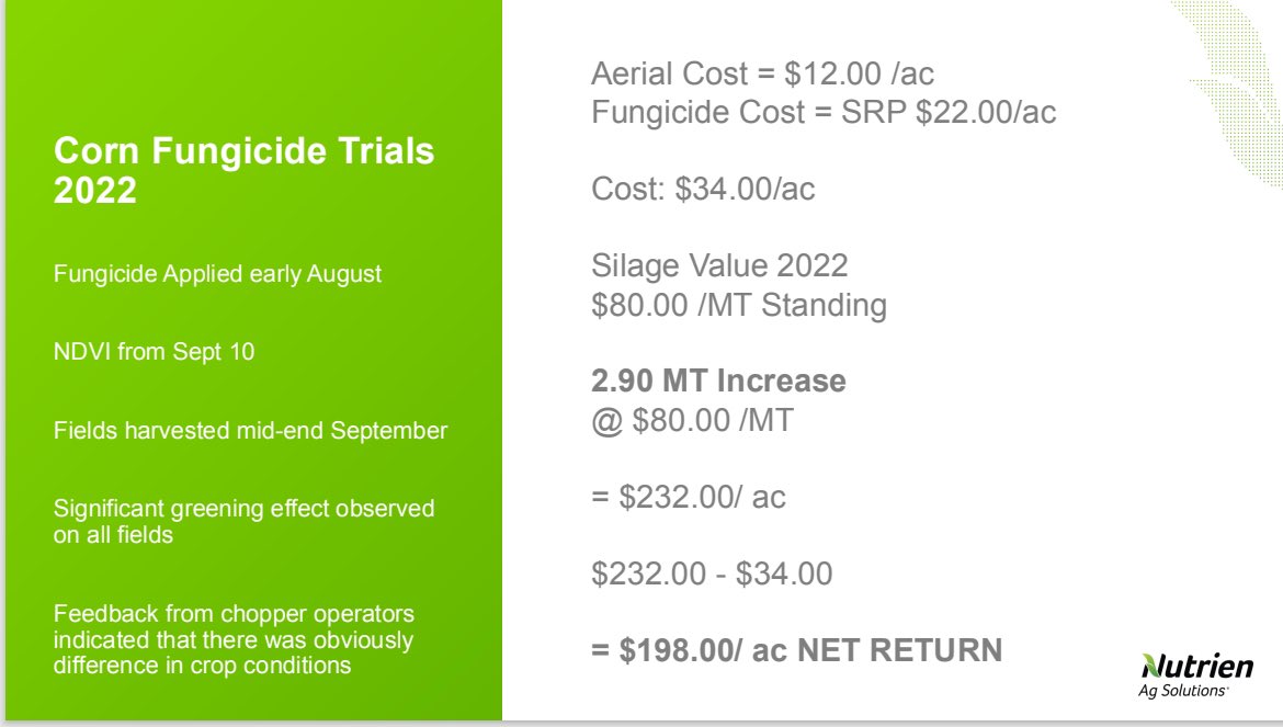 Adam Voss (@voss_ag) on Twitter photo I know folks think corn silage doesn’t need a fungicide.
Do you care about yield and feed quality?
Consider a fungicide at tassel.
Call your local aerial applicator and get an excellent crop.
Talk to your <a href="/NutrienAg_SAB/">Nutrien Ag Solutions - Southern Alberta</a> teams about seeing the benefit. I know folks think corn silage doesn’t need a fungicide.
Do you care about yield and feed quality?
Consider a fungicide at tassel.
Call your local aerial applicator and get an excellent crop.
Talk to your <a href="/NutrienAg_SAB/">Nutrien Ag Solutions - Southern Alberta</a> teams about seeing the benefit.