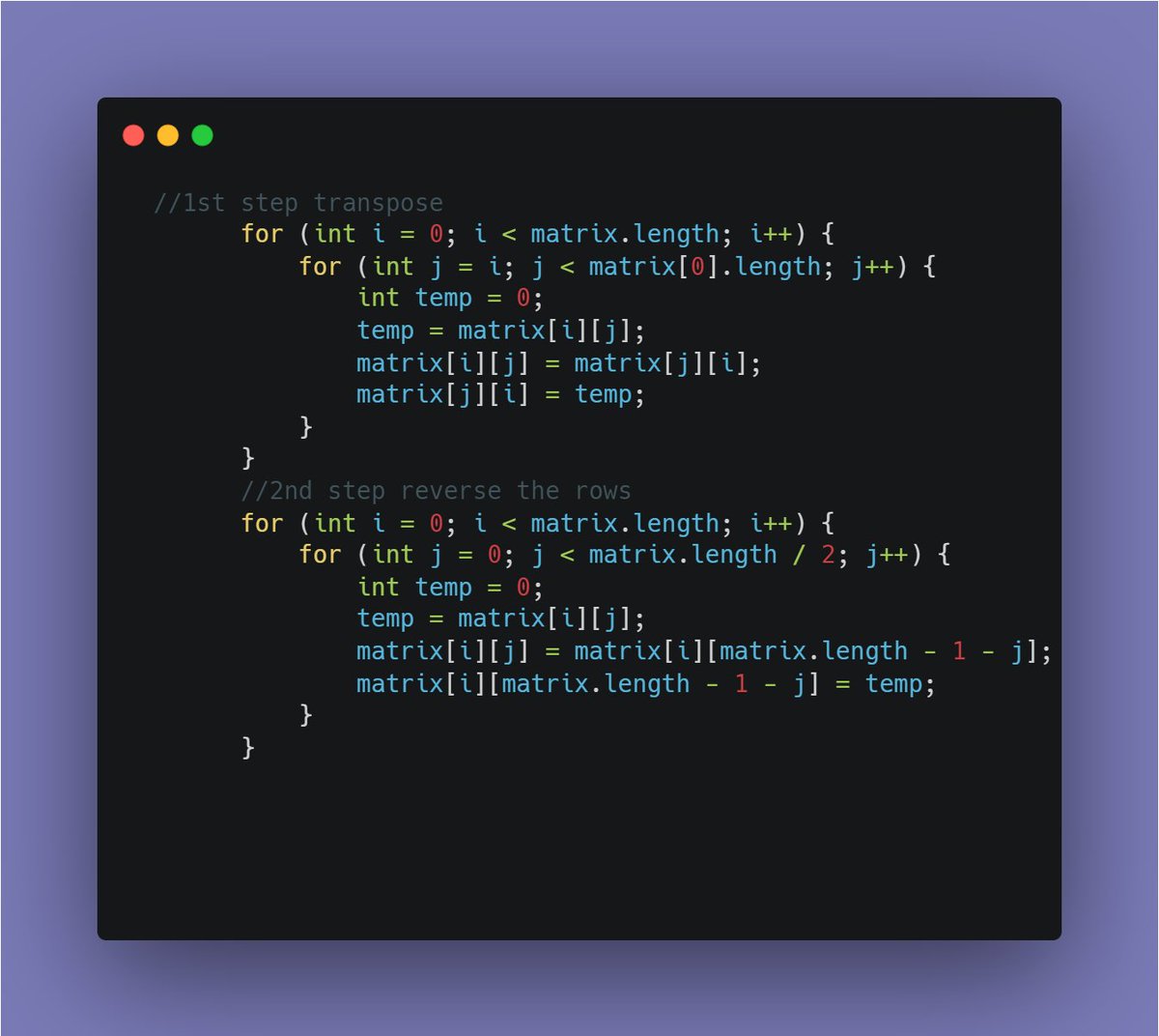nehaojha1528's tweet photo. 🚀 Day 52: "Conquer 105 DSA Challenges"!
 Rotate Image by 90 degrees clockwise in-place.

Input:[ [1, 2, 3],[4, 5, 6], [7, 8, 9] ]
Output:[ [7, 4, 1], [8, 5, 2], [9, 6, 3] 
📝 GitHub:(https://t.co/v7YOM44RKt)

#DSA #CodingChallenge #LearnWithMe #MatrixRotation https://t.co/UE4gVGHEg5