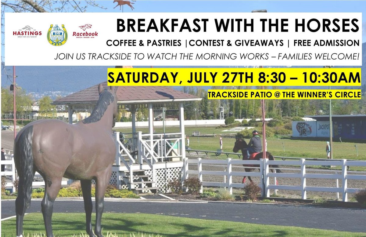 Hi everyone! You're invited to watch the morning workouts at <a href="/hastingsraces/">Hastings Racecourse</a> on Sat, July 27th from 8:30-10:30am. We'll be trackside (near the Winner's Circle) &amp; you'll see the horses up close while enjoying morning coffee &amp; pastries. Giveaways &amp; a chance at $50 voucher!❤ 🏇🍀