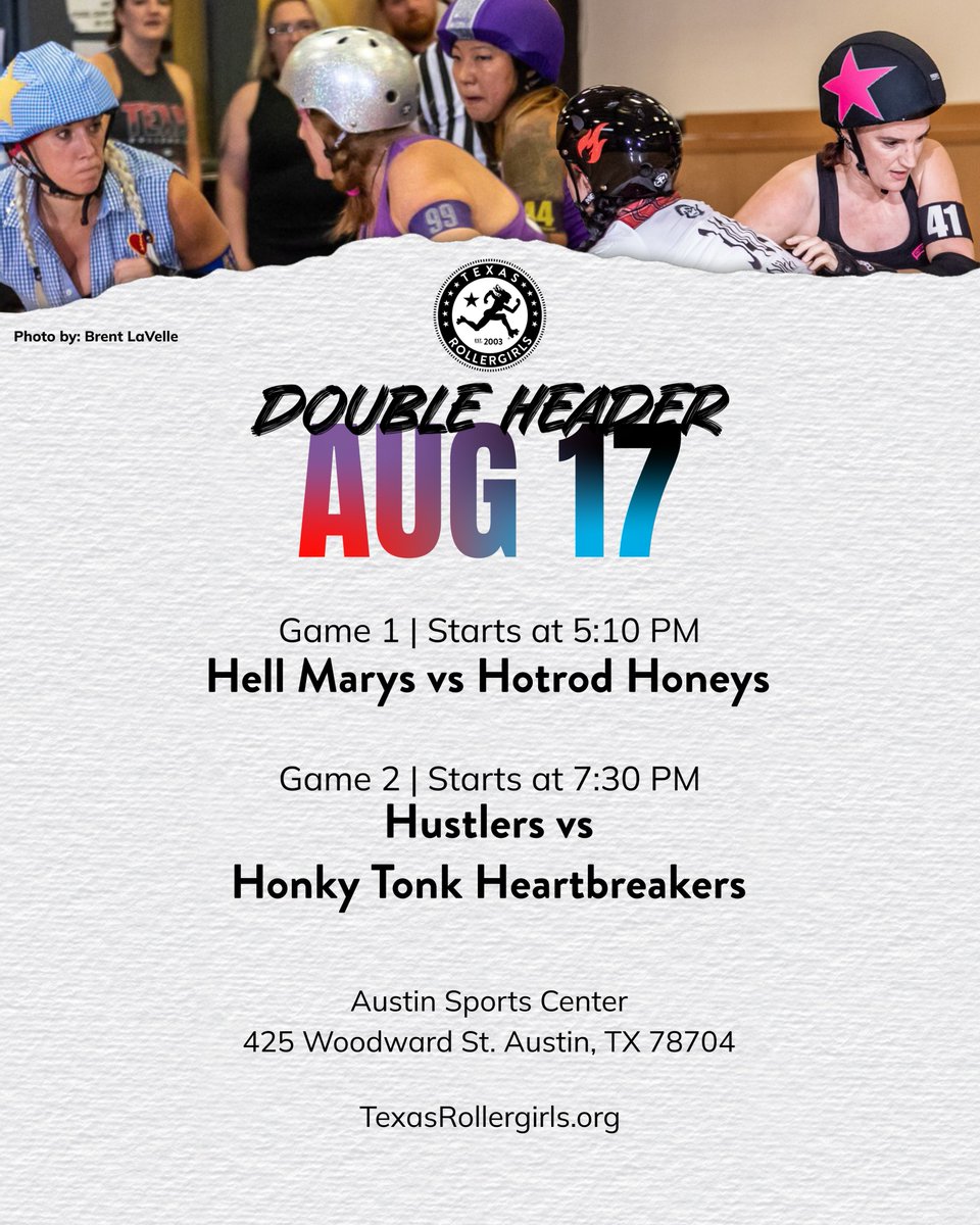 🛎️🛎️ We are back with another thrilling doubleheader!

Join us at August 17 where the undefeated Hotrod Honeys will face off against the Hell Marys and the Honky Tonk Heartbreakers will hit the track against the Hustlers.

Get your tickets today! brownpapertickets.com/event/6240829