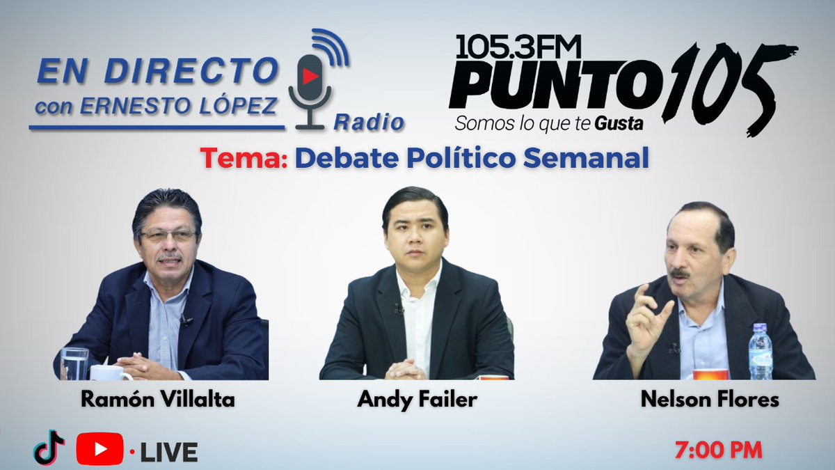 🚨 Hoy en <a href="/netolopezradio/">netolopezradio</a> 📻🎙 7:00 PM 🕖 "Debate Político Semanal" con Andy Failer 🎙, Ramón Villalta 🎙 y Nelson Flores 🎙. Estaremos en vivo a través de nuestro canal de #YouTube 🔴 y en #Punto105 📻.

⚫ Esperamos sus comentarios 📱🖋