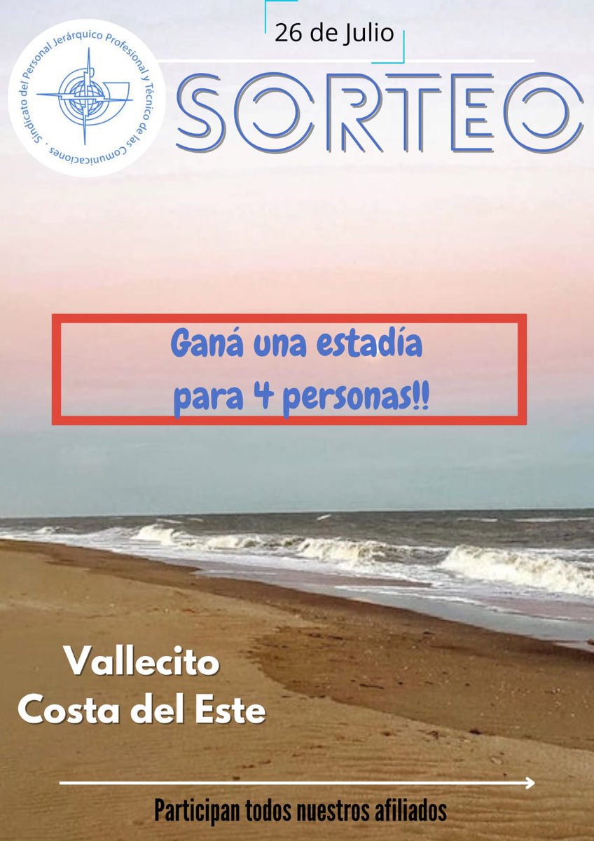 Sorteo de estadía en Vallecito - Costa del Este*✨✨
El sorteo es por padrón. Todos participan!!
Se puede gozar del beneficio hasta el 30 de noviembre.
Se realiza el viernes 26 en el gremio. Luego lo pasamos por este medio y se comunicará a el ganador!!🎉
Suerte para todos!!🍀🍀