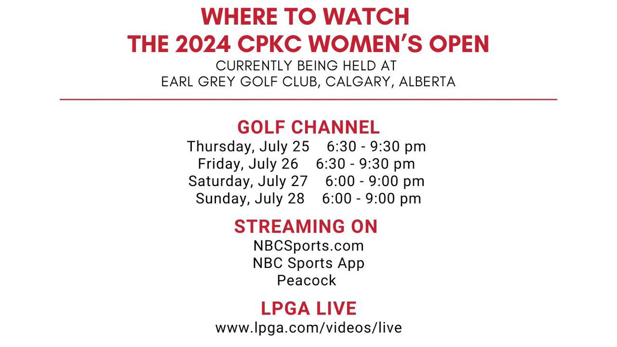 Game on at the CPKC Women's Open!
 
The 50th CPKC Women’s Open will begin tomorrow! Swipe to see where you can watch or click the link below to be redirected to the LPGA Live Streaming broadcast.
 
lpga.com/videos/live