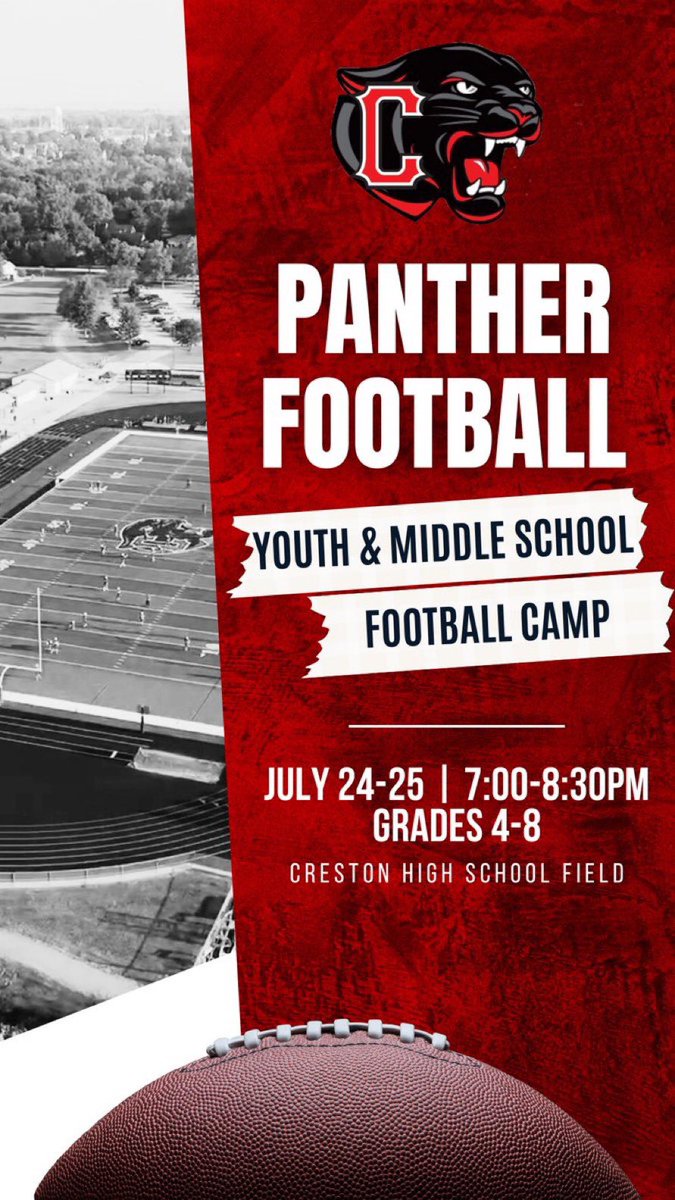 Tonight's the night!

FUTURE PANTHERS FOOTBALL CAMP

Grades: 4th-8th
Time: 7:00pm-8:30pm

Walk-In Registrations are Welcome.

We hope to see all future Panther Football Players in attendance!