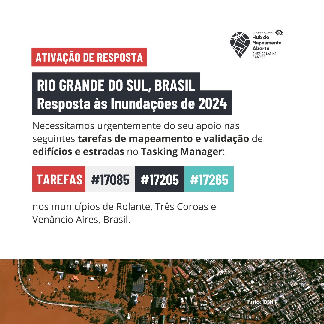 🗺️✏️ Continuamos com os esforços no Rio Grande do Sul, #Brasil! 🇧🇷 Participe do mapeamento e validação de estradas e edifícios nos municípios de Rolante, Três Coroas e Venâncio Aires.

Acesse a Tasking Manager e contribua: ➡️ bit.ly/TM-BRRS