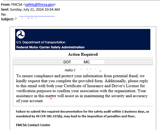 FMCSA's tweet photo. ALERT: FMCSA is aware of a fake email to carriers, asking to complete an altered form.
✅ FMCSA would not ask for this information on a form.
✅ FMCSA communications would request you log in to your portal account or come from a dedicated mailbox.
Visit: https://t.co/56fledWN32 https://t.co/TJV9CZQyDJ