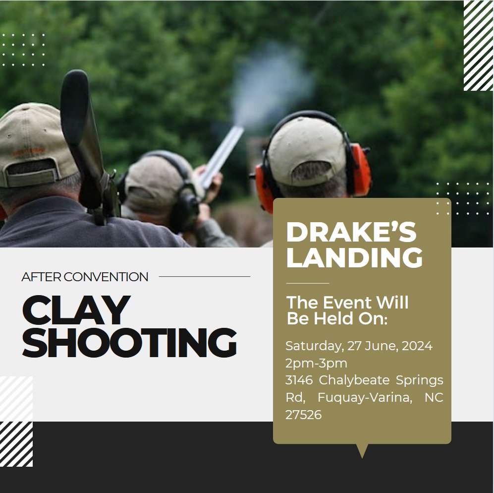 TriangleYR's tweet image. Join us for a clay shooting fellowship at Drake’s Landing on Saturday, June 27th from 2-3pm after the NCYR Convention! Sign up using the link below!
forms.gle/rpJ66BEV6HrLfG…