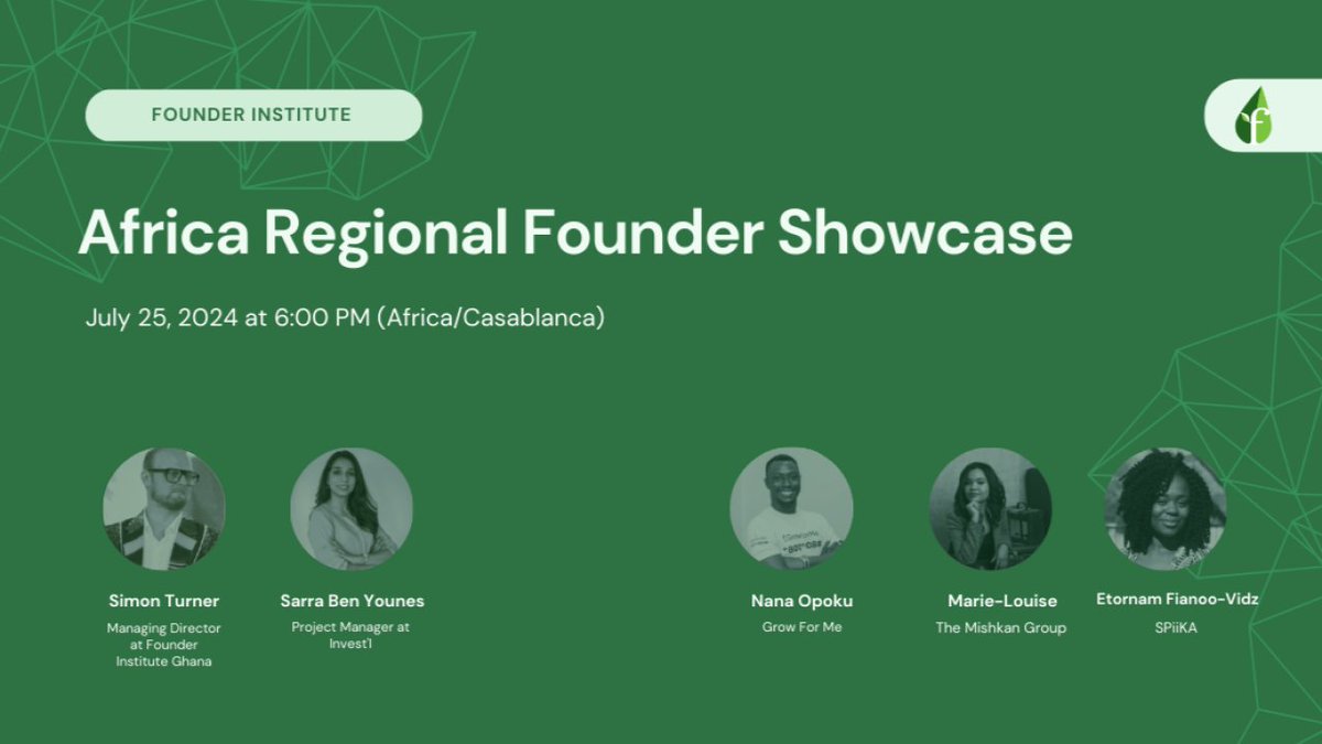 Simon Turner (@simonturner) on Twitter photo Join me at the <a href="/founding/">Founder Institute</a> Africa Regional Founder Showcase TODAY.
WHEN: Thu 26 Jul, 6pm (UTC/Africa, Casablanca)
RSVP: fi.co/event/africa-r….
Hear from fast-growing, African entrepreneurs and watch them pitch their pre-seed startups.
#fiworldwide Join me at the <a href="/founding/">Founder Institute</a> Africa Regional Founder Showcase TODAY.
WHEN: Thu 26 Jul, 6pm (UTC/Africa, Casablanca)
RSVP: fi.co/event/africa-r….
Hear from fast-growing, African entrepreneurs and watch them pitch their pre-seed startups.
#fiworldwide