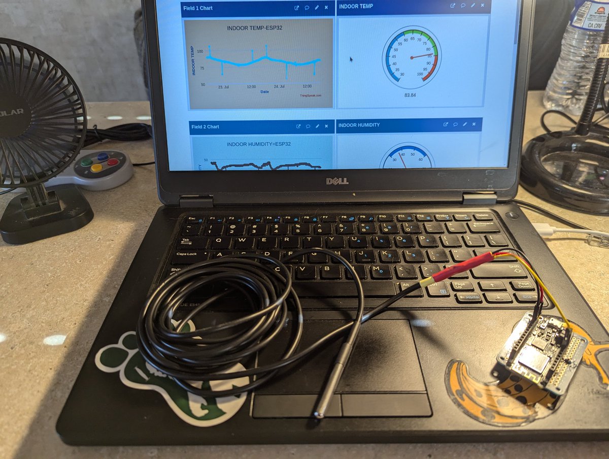 Daliantross's tweet image. #Adafruit Feather M0 Wifi got a longer sensor/probe, improved connections, #OneWire on D13. Pulls data from the sensor (ds18b20), pulls data from #OpenWeather, slings it to #Thingspeak every 2 minutes. 
What should I name this beauty?