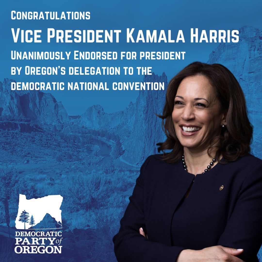 ORDems's tweet image. The Democratic Party of Oregon’s delegates to the Democratic National Convention just voted UNANIMOUSLY to endorse Vice President Kamala Harris as the nominee for President. Ready to get to work? Sign Up here: DPO.org/GetInvolved.