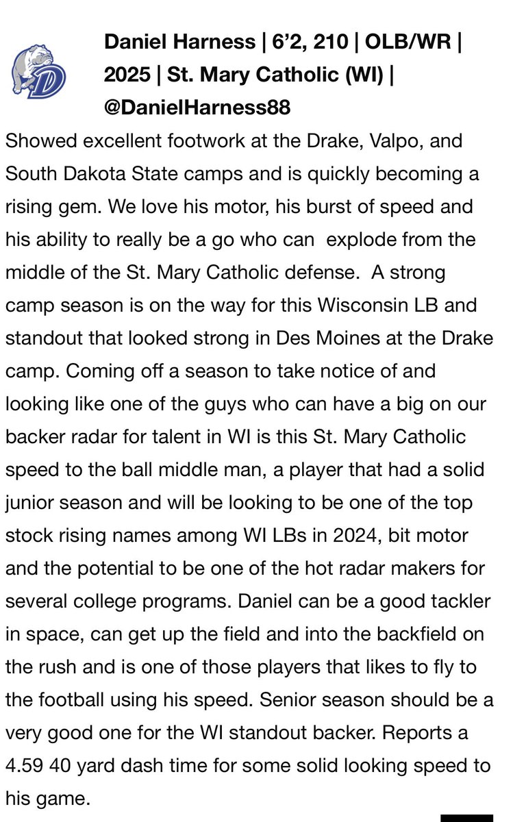 DanielHarness88's tweet photo. Thank you @sixstarfootball for the write up from Drake and Valpo camps! https://t.co/gotv0zDq6X