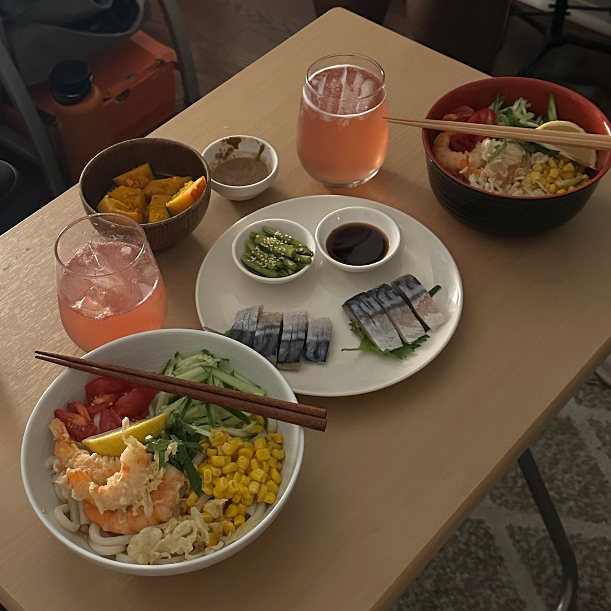 Bukkake Udon with shrimp tempura , tempura flakes, corn, cucumber and tsuyu tossed cherry tomatoes. Vinegar cured Mackrel sashimi with soy sauce and sesame sauce , seared and dashi simmered asparagus with sesame seeds and simmered Japanese pumpkin