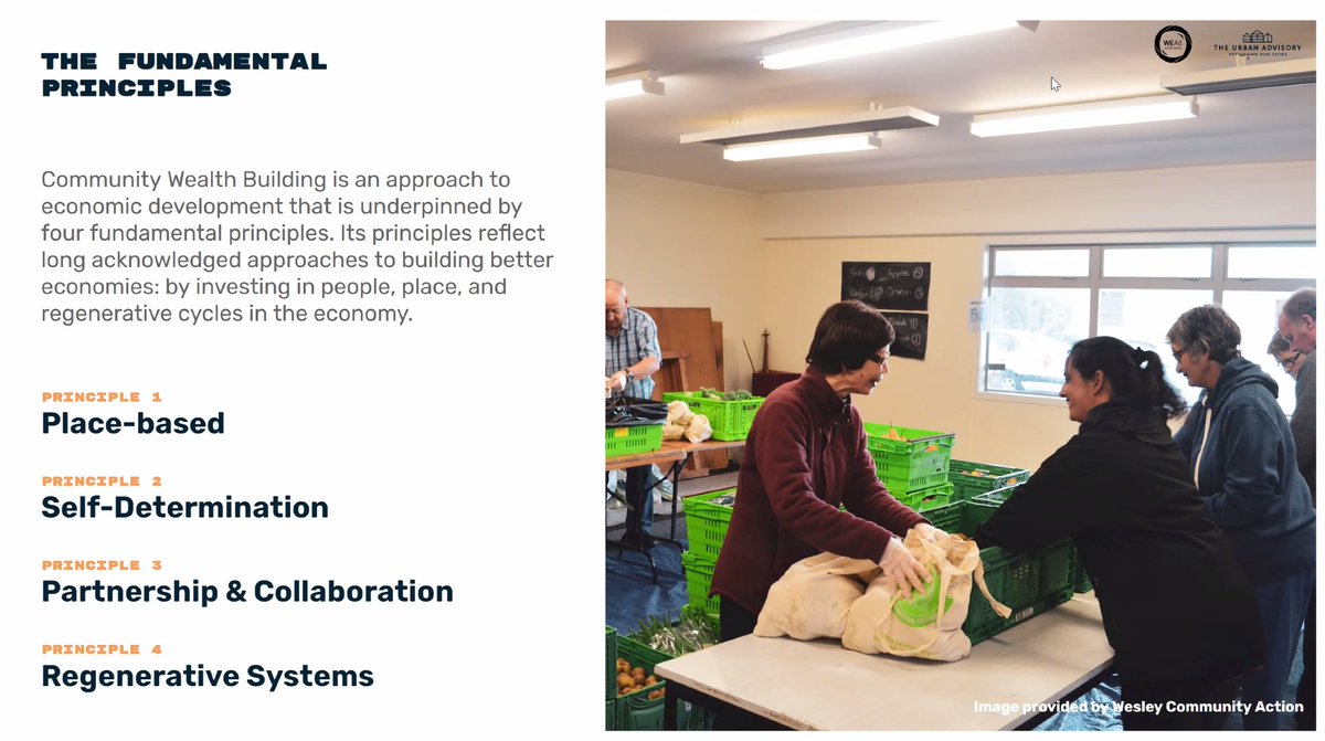 "#Communitywealthbuilding a growing movement. Fundamental principles are Place-based, Self-determination, Partnership &amp; Collaborations, Regenerative Systems. It's about creating a power shift to bring communities to the decision making table." Greer O’Donnell, The Urban Advisory