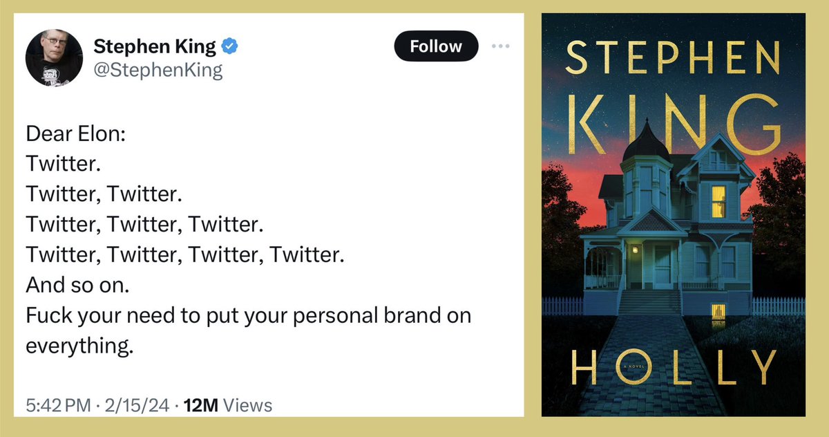 The guy who puts his name larger than the title of the book is telling Elon not to put his personal brand on everything