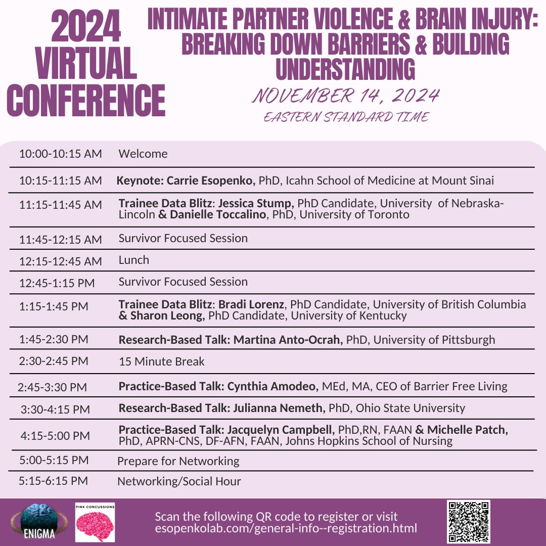 ENIGMA-Intimate Partner Violence (IPV) (@enigmaipv) on Twitter photo The schedule for the 2024 <a href="/EnigmaIpv/">ENIGMA-Intimate Partner Violence (IPV)</a> and <a href="/PinkConcussions/">PINK Concussions 🧠</a> virtual conference "IPV and Brain Injury: Breaking Down Barriers and Building Understanding" is now available!
When: November 13-14, 2024
FREE Registration: forms.gle/25vwdLMHZwUgXS…
More info: esopenkolab.com/general-info-a… The schedule for the 2024 <a href="/EnigmaIpv/">ENIGMA-Intimate Partner Violence (IPV)</a> and <a href="/PinkConcussions/">PINK Concussions 🧠</a> virtual conference "IPV and Brain Injury: Breaking Down Barriers and Building Understanding" is now available!
When: November 13-14, 2024
FREE Registration: forms.gle/25vwdLMHZwUgXS…
More info: esopenkolab.com/general-info-a…