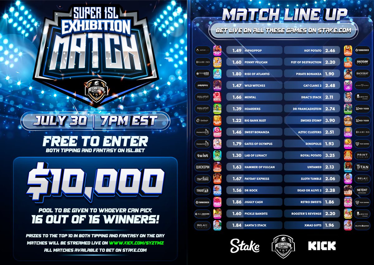 FIRST TIME IN HISTORY - LIVE BETTING ON SLOTS!

On July 30th, at 7pm EST/11pm GMT, ISL will go to a new level with all 16 matches available to be bet on <a href="/Stake/">Stake.com</a>

Let’s retweet this shit and I will roll 10 winners of $100 each on the day!