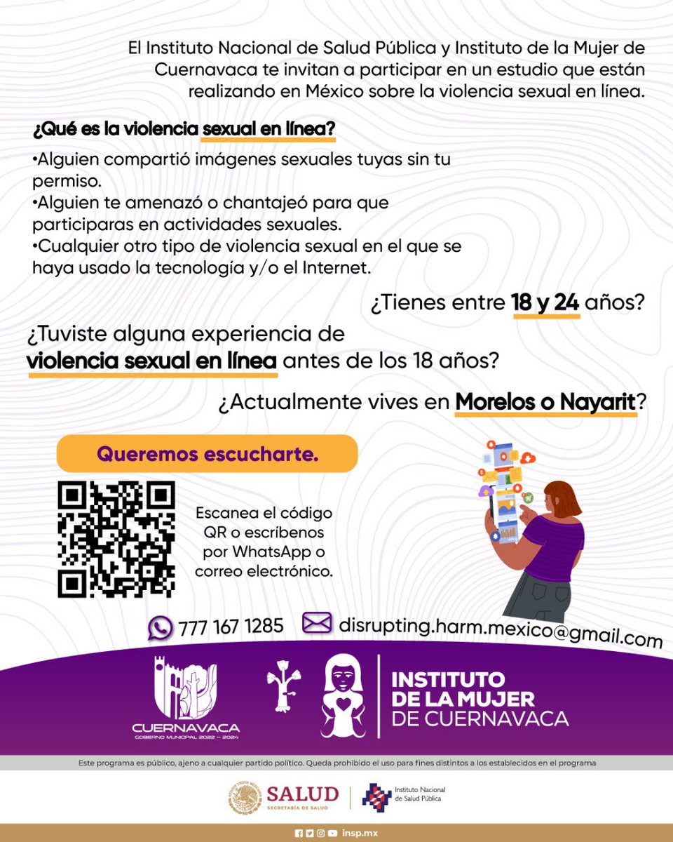 ¿Tuviste una situación similar de violencia sexual en línea?

Si tienes entre 18 y 24 años y actualmente vives en Morelos o Nayarit, participa en este estudio. 

Consulta: ee.kobotoolbox.org/x/444labAC

¡Queremos escucharte!

#IgualdadINSP