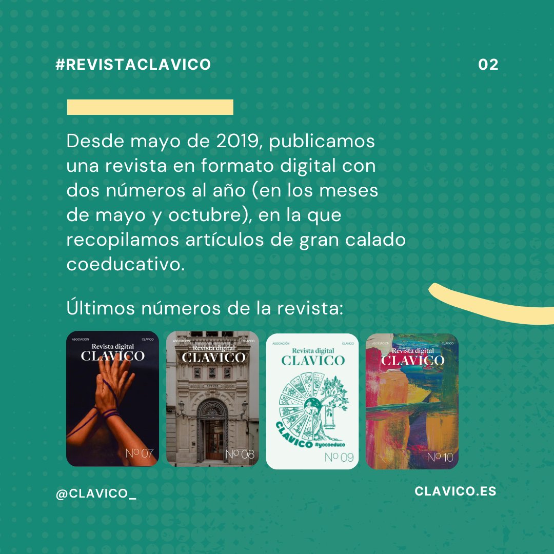 CLAVICO_'s tweet photo. ¡Explora la Revista CLAVICO! 📚
Desde 2019, publicamos dos números al año con artículos sobre coeducación donde recopilamos artículos de gran calado coeducativo.
🔗 https://t.co/xowoQQf1oH
#RevistaCLAVICO #Coeducación #Educación #CLAVICO #YoCoeduco https://t.co/xOpOks8fJF